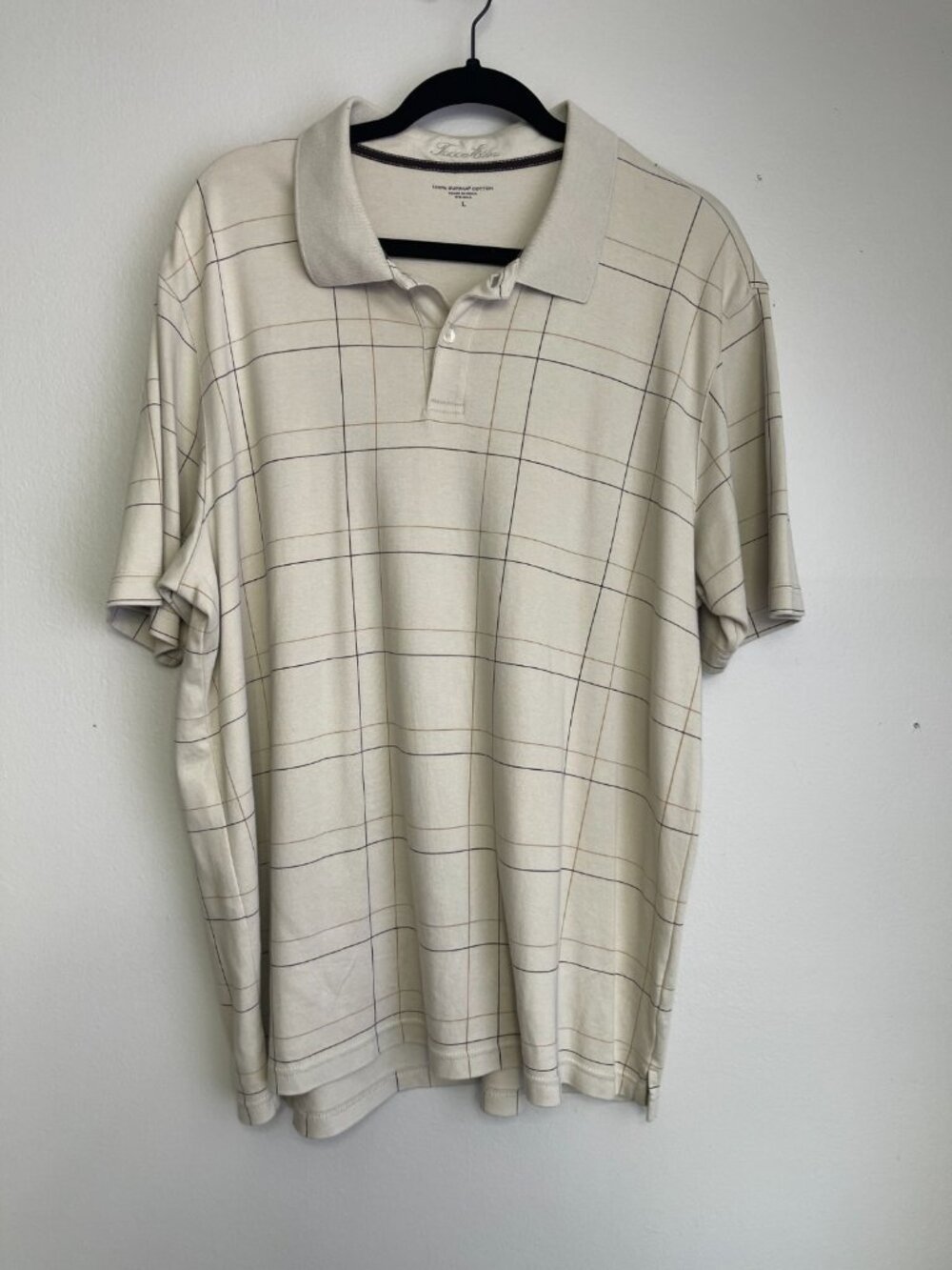 Tasso Elba Supima Cotton Polo Shirt Mens Large Beige Windowpane Short Sleeve